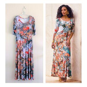 Soft Surroundings Boho Petite Nanette Stretch Jersey Knit Floral Maxi Dress